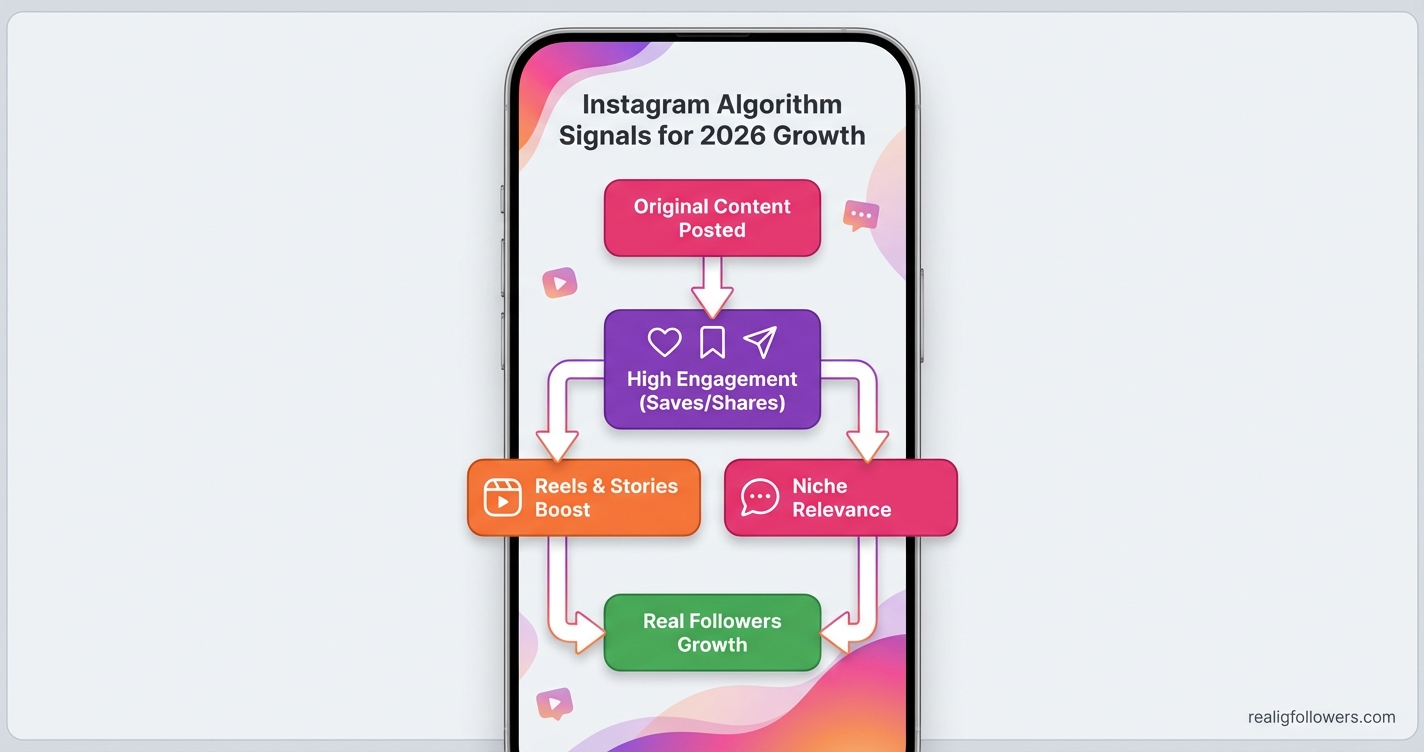 vertical 9:16 phone-screen infographic as a flowchart showing Instagram Algorithm signals for 2026 growth. Top: rounded pink box (#E1306C) labeled "Original Content Posted". Arrow down to purple box (#833AB4) "High Engagement (Saves/Shares)" with icons of heart, save, share. Branching arrows left to orange box (#F77737) "Reels & Stories Boost" and right to pink box "Niche Relevance". Bottom green success box "Real Followers Growth". Light gray background with gradient accents, small icons (Reel play button, comment bubble). Small credit text: realigfollowers.com in bottom-right corner