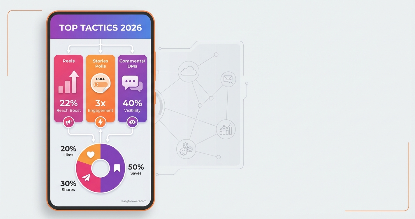 vertical 9:16 phone-screen infographic as a stats chart comparing engagement tactics for real Instagram growth. Top header "Top Tactics 2026" in purple gradient. Three columns: pink "Reels" with bar chart 22% reach boost icon, orange "Stories Polls" 3x engagement icon, purple "Comments/DMs" 40% visibility icon. Below pie chart: 50% saves, 30% shares, 20% likes. Labels on all elements, light gray bg with orange accents. Small credit text: realigfollowers.com bottom-right corner