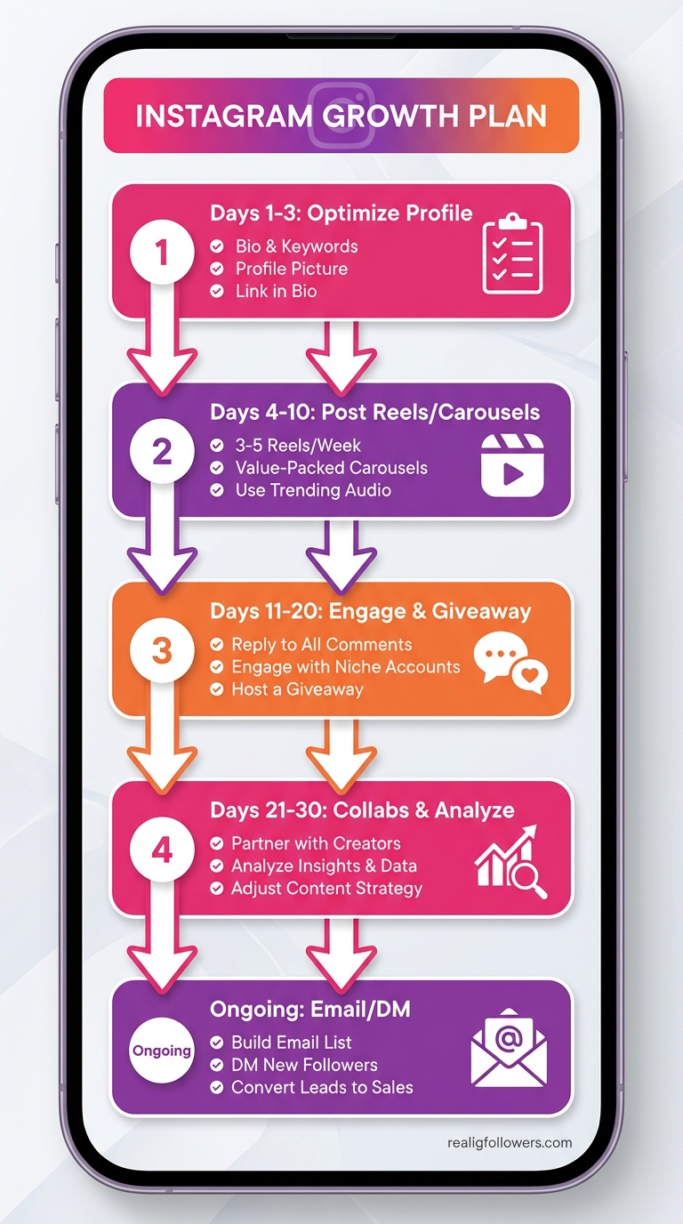 vertical 9:16 phone-screen infographic as a numbered process timeline for 30-day Instagram growth plan. Horizontal gradient bar at top (pink to purple to orange). Five tall steps downward: Step 1 pink rounded rect "Days 1-3: Optimize Profile" checklist icon; Step 2 purple "Days 4-10: Post Reels/Carousels" Reel icon; Step 3 orange "Days 11-20: Engage & Giveaway" chat icon; Step 4 pink "Days 21-30: Collabs & Analyze" graph icon; Step 5 purple "Ongoing: Email/DM" envelope icon. Arrows connecting downward, light gray bg. Small credit text: realigfollowers.com bottom-right corner
