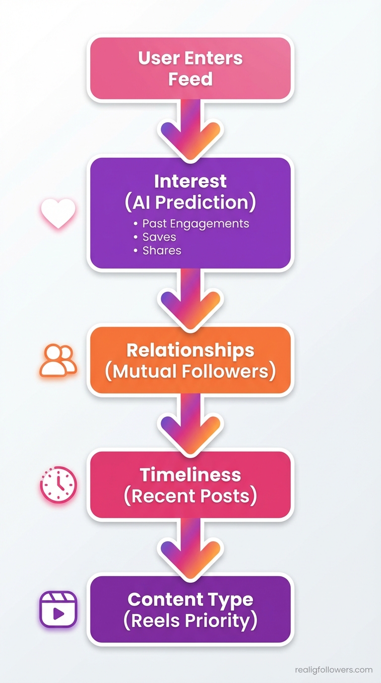 Vertical 9:16 phone-screen format infographic as a flowchart showing Instagram Algorithm Ranking Factors 2026. Top: rounded pink box (#E1306C) labeled 'User Enters Feed'. Arrow down to purple box (#833AB4) 'Interest (AI Prediction)' with sub-bullets 'Past Engagements, Saves, Shares'. Next orange arrow to orange box (#F77737) 'Relationships (Mutual Followers)'. Down to pink box 'Timeliness (Recent Posts)'. Final purple box 'Content Type (Reels Priority)'. Side icons: heart for interest, people for relationships, clock for timeliness, play button for Reels. Flow arrows in gradient pink-purple-orange. Clean modern style with light gray background, sans-serif fonts. Small credit text 'realigfollowers.com' in bottom-right corner.