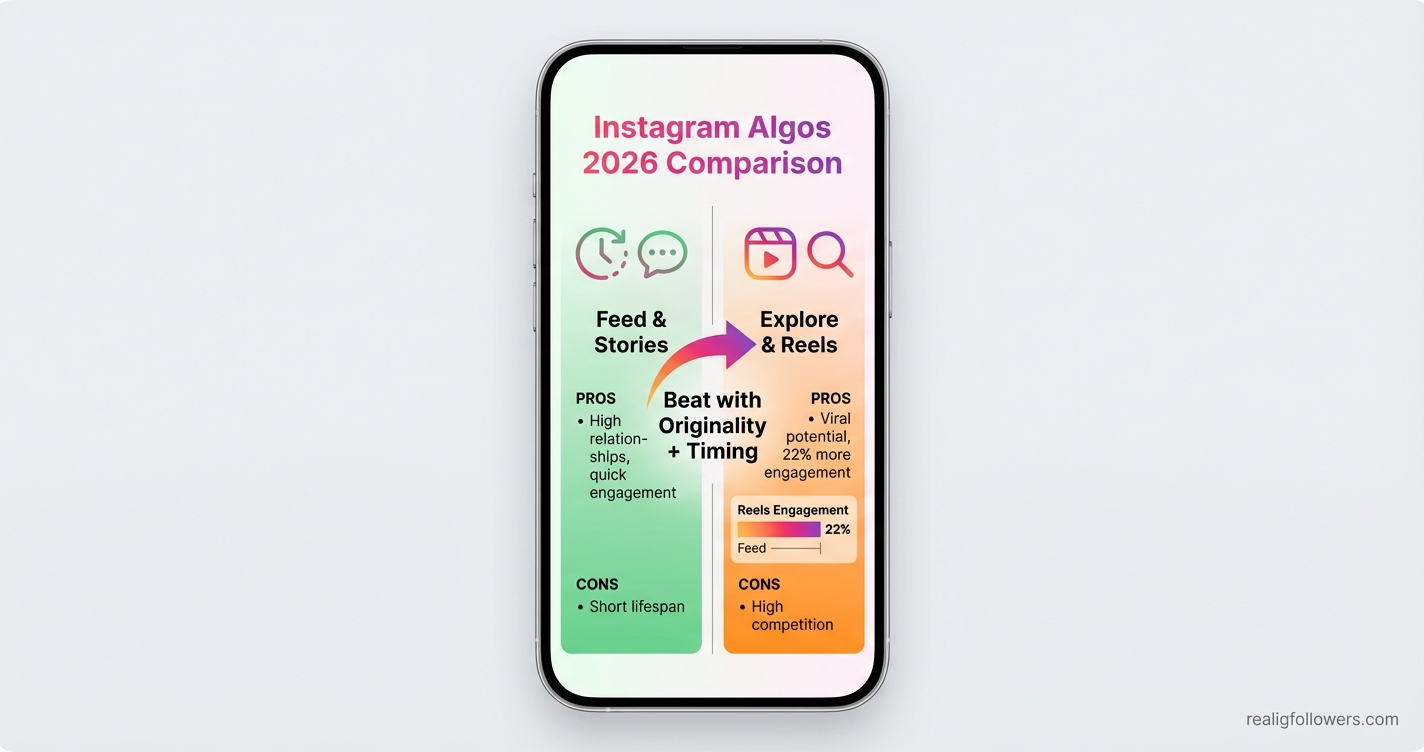 Vertical 9:16 phone-screen format comparison diagram splitting screen: Left half green-tinted 'Feed & Stories' with icons (clock, chat bubble) and pros 'High relationships, quick engagement' cons 'Short lifespan'. Right half orange-tinted 'Explore & Reels' with play button, search icon, pros 'Viral potential, 22% more engagement' cons 'High competition'. Center arrow 'Beat with Originality + Timing'. Top title 'Instagram Algos 2026 Comparison' in pink-purple gradient. Stats bars: Reels engagement 22% higher. Clean modern infographic, light gray bg. Small credit 'realigfollowers.com' bottom-right.