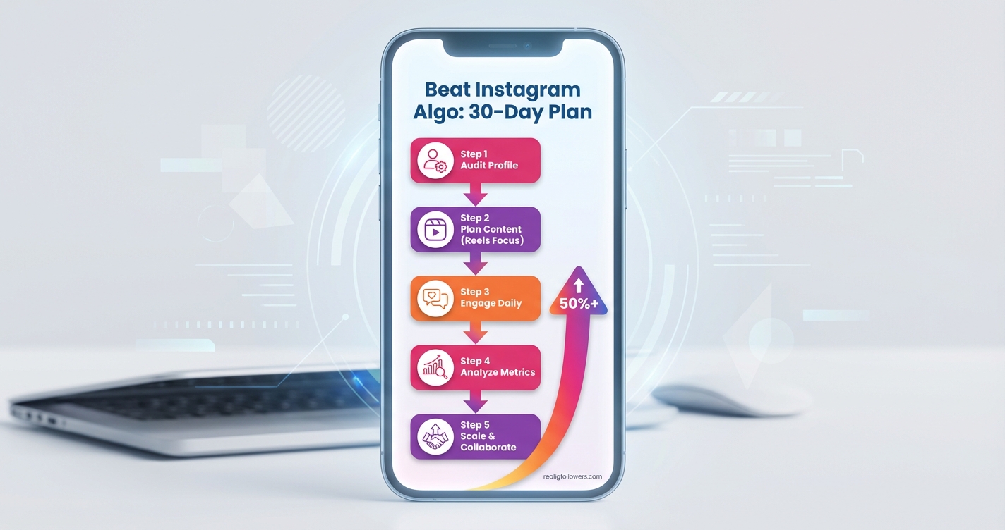Vertical 9:16 phone-screen format timeline infographic with 5 horizontal steps across tall layout. Step 1 top pink box (#E1306C) 'Audit Profile' icon profile. Step 2 purple (#833AB4) 'Plan Content (Reels Focus)'. Step 3 orange (#F77737) 'Engage Daily'. Step 4 pink 'Analyze Metrics'. Step 5 purple 'Scale & Collaborate'. Gradient arrows connecting down. Right side growth chart arrow up 50%. Title 'Beat Instagram Algo: 30-Day Plan' top. Modern clean style, light gray bg, icons. Small credit 'realigfollowers.com' bottom-right.