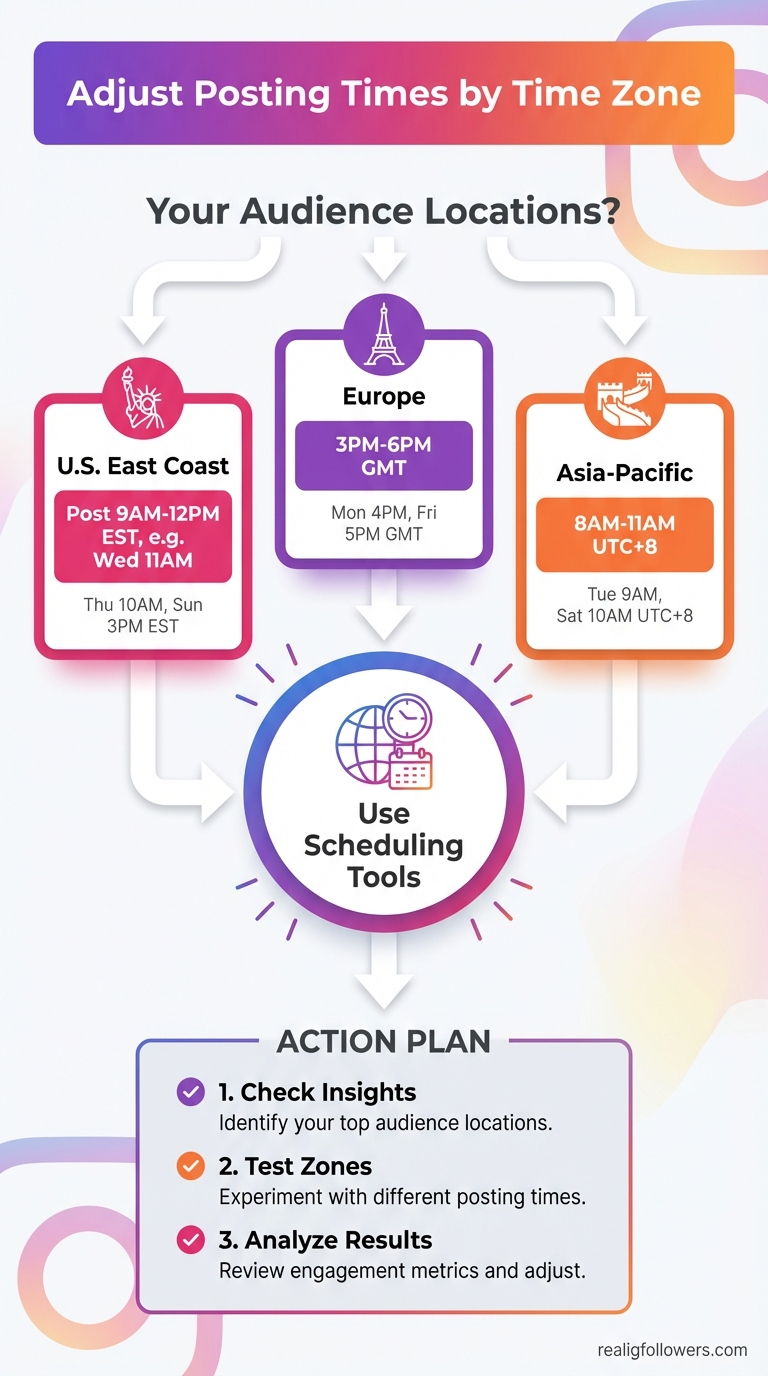 Vertical 9:16 flowchart diagram titled 'Adjust Posting Times by Time Zone' in white on purple-to-orange gradient (#833AB4 to #F77737). Top: 'Your Audience Locations?' branching arrows to boxes: 'U.S. East Coast' (pink box: 'Post 9AM-12PM EST, e.g. Wed 11AM'), 'Europe' (purple box: '3PM-6PM GMT'), 'Asia-Pacific' (orange box: '8AM-11AM UTC+8'). Flow down to 'Use Scheduling Tools' central circle with icons (globe, clock). Bottom: checklist '1. Check Insights 2. Test Zones 3. Analyze Results'. Icons for each region (Eiffel Tower, Statue of Liberty, Great Wall). Modern clean lines, sans-serif labels. Small credit text: realigfollowers.com bottom-right corner.