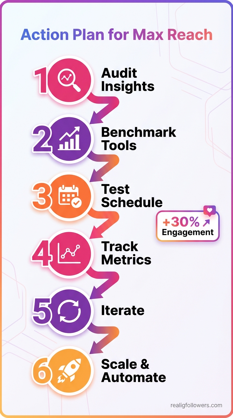 Vertical 9:16 process steps infographic '6-Step Instagram Posting Plan 2026'. Numbered timeline top-to-bottom: Step 1 circle 'Audit Insights' (pink #E1306C, magnifying glass icon), arrow down to Step 2 'Benchmark Tools' (purple #833AB4, graph icon), Step 3 'Test Schedule' (orange #F77737, calendar icon), Step 4 'Track Metrics' (pink, chart icon), Step 5 'Iterate' (purple, loop arrow icon), Step 6 'Scale & Automate' (orange, rocket icon). Flow arrows in gradient. Side stats bubbles: '+30% Engagement'. Header 'Action Plan for Max Reach'. Clean modern style, sans-serif. Small credit text: realigfollowers.com bottom-right corner.