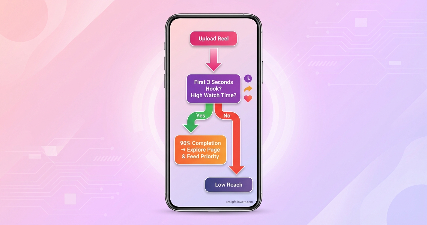 Vertical 9:16 phone-screen infographic styled as a flowchart explaining the Instagram Reels algorithm. Top: rounded pink box (#E1306C) labeled "Upload Reel". Arrow down to purple box (#833AB4) "First 3 Seconds Hook? High Watch Time?". Split arrows: Yes (green) to orange box (#F77737) "90% Completion → Explore Page & Feed Priority"; No (red) to bottom "Low Reach". Side icons: clock for watch time, share arrow, heart for saves. Clean sans-serif fonts, light gradient background from pink to purple. Small credit text: realigfollowers.com in bottom-right corner