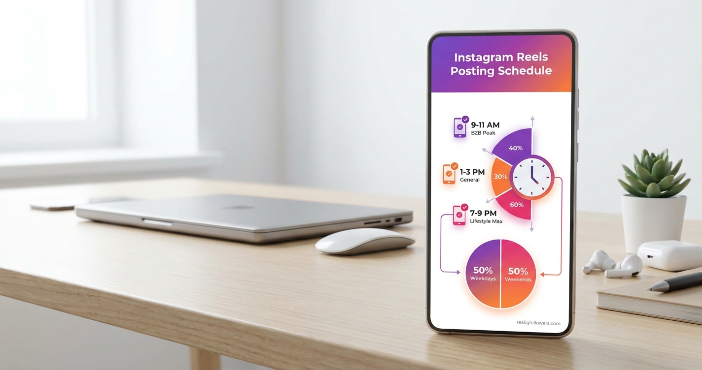 Vertical 9:16 stats chart infographic in Instagram colors. Top header "Instagram Reels Posting Schedule". Central clock icon with segments: Morning (9-11 AM, purple #833AB4 bar 40% height labeled "B2B Peak"), Afternoon (1-3 PM, orange #F77737 bar 30% "General"), Evening (7-9 PM, pink #E1306C bar 60% "Lifestyle Max"). Bottom pie chart: 50% weekdays, 50% weekends. Icons for phone notifications. Gradient background purple to orange. Small credit text: realigfollowers.com in bottom-right corner