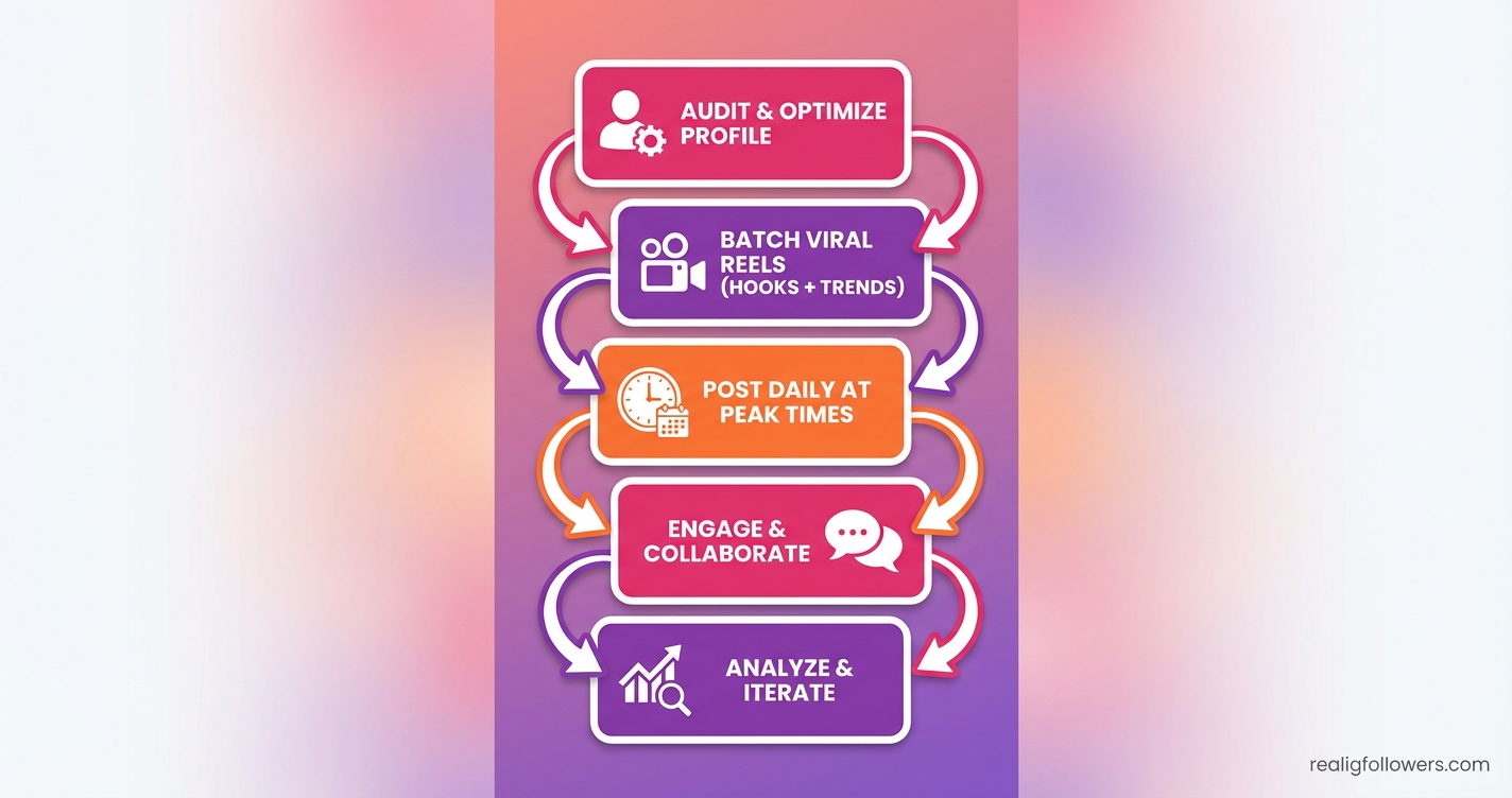 Vertical 9:16 process steps flowchart for Instagram Reels growth. 5 tall rectangular boxes stacked: Step 1 top pink (#E1306C) "Audit & Optimize Profile" with profile icon; arrow down; Step 2 purple (#833AB4) "Batch Viral Reels (Hooks + Trends)" video camera icon; Step 3 orange (#F77737) "Post Daily at Peak Times" clock icon; Step 4 pink "Engage & Collaborate" chat bubbles; Step 5 purple "Analyze & Iterate" graph icon. Flow arrows rightward curving down. Instagram gradient background top pink to bottom purple. Bold labels, sans-serif. Small credit text: realigfollowers.com in bottom-right corner