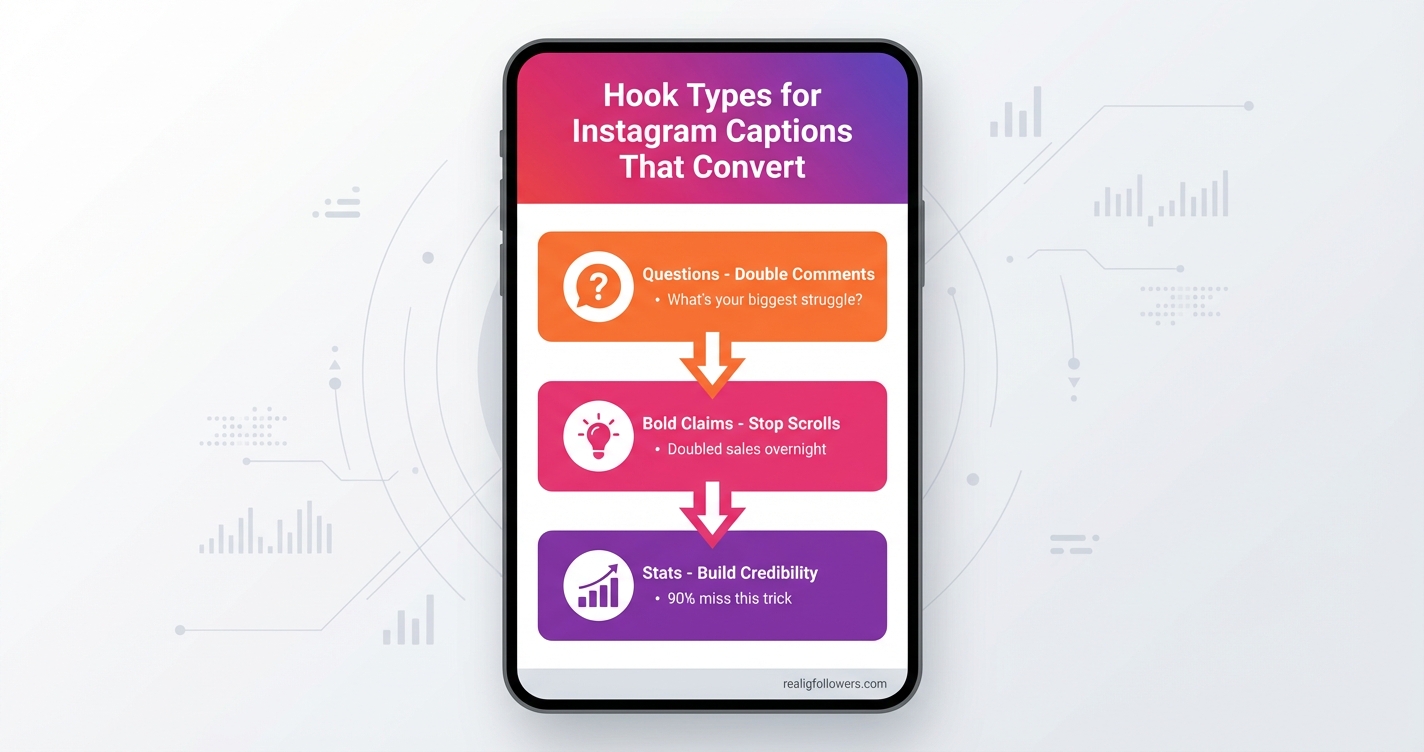 Vertical 9:16 phone-screen format infographic titled "Hook Types for Instagram Captions That Convert" at top in bold white text on Instagram pink (#E1306C) gradient background fading to purple (#833AB4). Three vertical stacked boxes: Top box orange (#F77737) circle icon of question mark labeled "Questions - Double Comments" with example bullet "What's your biggest struggle?". Middle box pink circle icon of lightbulb labeled "Bold Claims - Stop Scrolls" with example "Doubled sales overnight". Bottom box purple circle icon of chart labeled "Stats - Build Credibility" with example "90% miss this trick". Arrows pointing down between boxes. Clean modern sans-serif font. Small credit text: realigfollowers.com in bottom-right corner on light gray footer bar.
