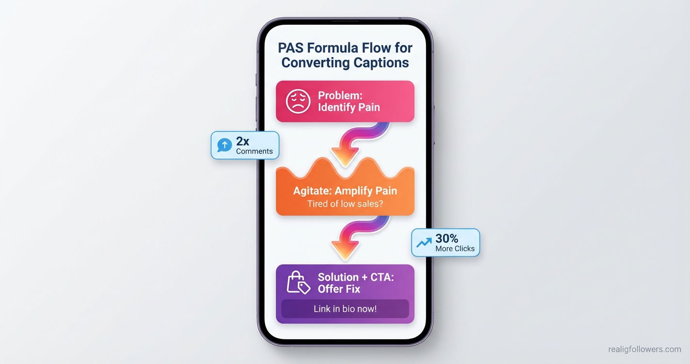 Vertical 9:16 phone-screen infographic flowchart titled "PAS Formula Flow for Converting Captions". Top rounded box in pink (#E1306C) labeled "Problem: Identify Pain" with sad face icon and arrow down. Middle agitated wave shape in orange (#F77737) labeled "Agitate: Amplify Pain" with example text "Tired of low sales?". Bottom solution box in purple (#833AB4) labeled "Solution + CTA: Offer Fix" with shop icon, text "Link in bio now!". Flow arrows thick with Instagram gradient. Side stats bubbles: "2x Comments" and "30% More Clicks". Clean modern style, light gray background. Small credit: realigfollowers.com bottom-right.
