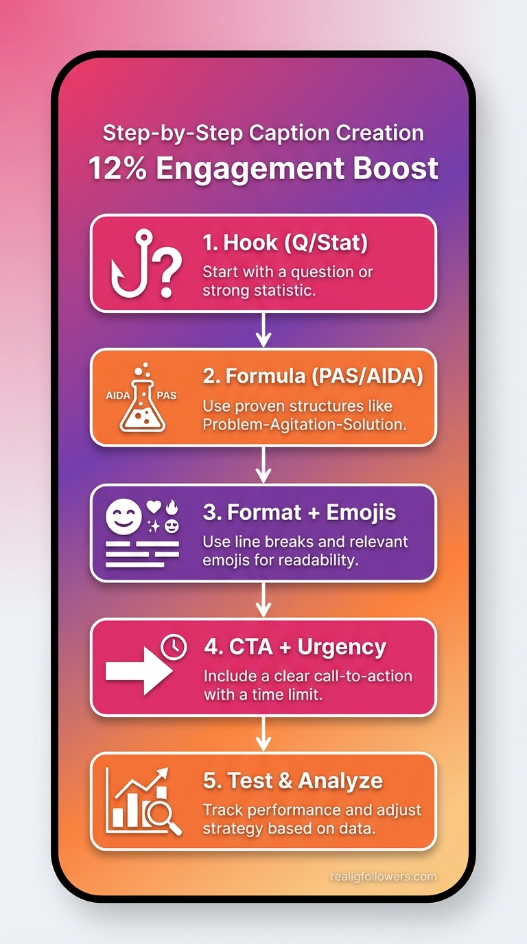 Vertical 9:16 phone-screen process steps infographic titled "Step-by-Step Caption Creation". Numbered timeline left-to-right across tall layout but vertical scroll. Step 1 top pink (#E1306C) box "Hook (Q/Stat)" icon hook. Arrow down. Step 2 orange (#F77737) "Formula (PAS/AIDA)" icon formula. Arrow. Step 3 purple (#833AB4) "Format + Emojis" icon emoji. Arrow. Step 4 pink "CTA + Urgency" icon arrow pointing right. Arrow. Step 5 orange "Test & Analyze" icon chart. Each with 1-line tip. Gradient background pink-to-purple. Stats: "12% Engagement Boost". Modern clean font. Credit: realigfollowers.com bottom-right.