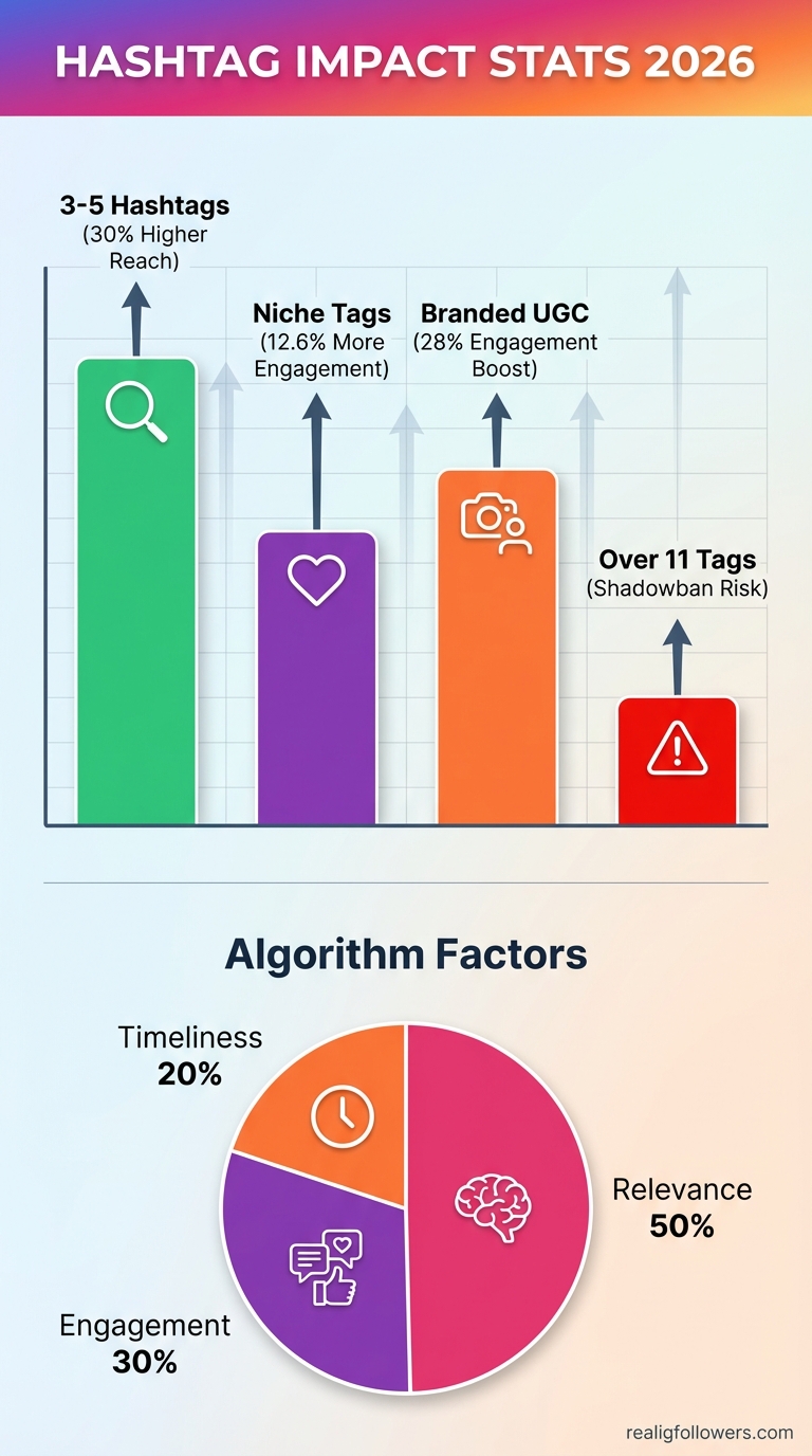 Vertical 9:16 phone-screen format infographic titled "Hashtag Impact Stats 2026" at top in bold white text on Instagram pink (#E1306C) background. Below, a bar chart with 4 bars: "3-5 Hashtags" (tallest green bar labeled "30% Higher Reach"), "Niche Tags" (purple #833AB4 bar "12.6% More Engagement"), "Branded UGC" (orange #F77737 bar "28% Engagement Boost"), "Over 11 Tags" (short red bar "Shadowban Risk"). Arrows point up from each bar to labels. Bottom section: pie chart showing algorithm factors (Relevance 50% pink slice, Relevance 30% purple, etc.). Clean sans-serif fonts, icons for each stat (search icon, heart, etc.). Light gradient background. Small credit text: realigfollowers.com in bottom-right corner