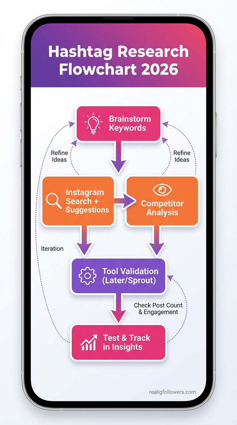 Vertical 9:16 phone-screen format flowchart titled "Hashtag Research Flowchart 2026" in white on purple (#833AB4) gradient background. Top box "Brainstorm Keywords" (pink #E1306C rounded rectangle with lightbulb icon, arrow down). Next "Instagram Search + Suggestions" (orange #F77737 box with magnifying glass icon, right arrow to parallel box "Competitor Analysis" orange with eye icon). Merge to "Tool Validation (Later/Sprout)" (purple box with gear icon, down arrow). Bottom "Test & Track in Insights" (pink box with chart icon). Dotted lines for iterations, labels like "Check Post Count & Engagement". Icons throughout, clean lines. Small credit text: realigfollowers.com in bottom-right corner