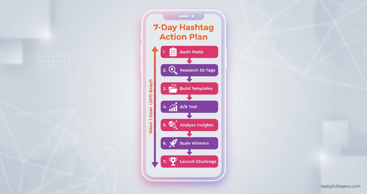 Vertical 9:16 phone-screen format process steps infographic titled "7-Day Hashtag Action Plan" top in orange (#F77737) on light gray background. Numbered steps in stacked rounded boxes alternating pink (#E1306C) and purple (#833AB4): 1. "Audit Posts" (pink, checklist icon), 2. "Research 50 Tags" (purple, search icon), 3. "Build Templates" (pink, folder icon), 4. "A/B Test" (purple, graph icon), 5. "Analyze Insights" (pink, analytics icon), 6. "Scale Winners" (purple, rocket icon), 7. "Launch Challenge" (pink, trophy icon). Vertical flow with arrows connecting, side labels like "Week 1 Goal: +20% Reach". Modern icons. Small credit text: realigfollowers.com in bottom-right corner