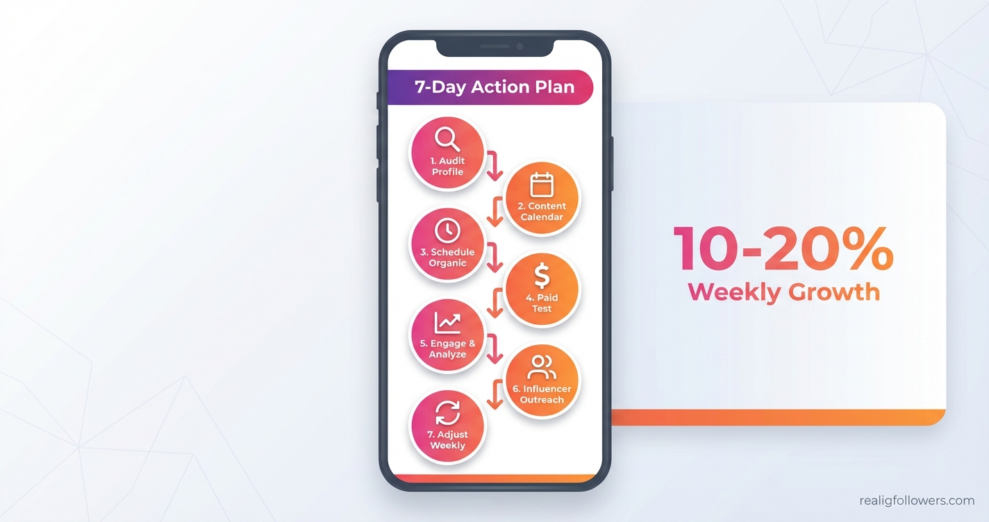 vertical 9:16 phone-screen format step-by-step process infographic for Instagram growth action plan. Header "7-Day Action Plan" in purple on pink-purple gradient (#833AB4 to #E1306C). Seven stacked numbered circles (pink/orange alternating) from top to bottom: 1. "Audit Profile" with magnifying glass icon, 2. "Content Calendar" calendar icon, 3. "Schedule Organic" clock icon, 4. "Paid Test" dollar icon, 5. "Engage & Analyze" graph icon, 6. "Influencer Outreach" people icon, 7. "Adjust Weekly" arrow loop icon. Vertical arrows connecting steps downward. Right side key stats: "10-20% Weekly Growth". Clean modern style with gradients, shadows. Small credit text: realigfollowers.com in bottom-right corner on orange footer.
