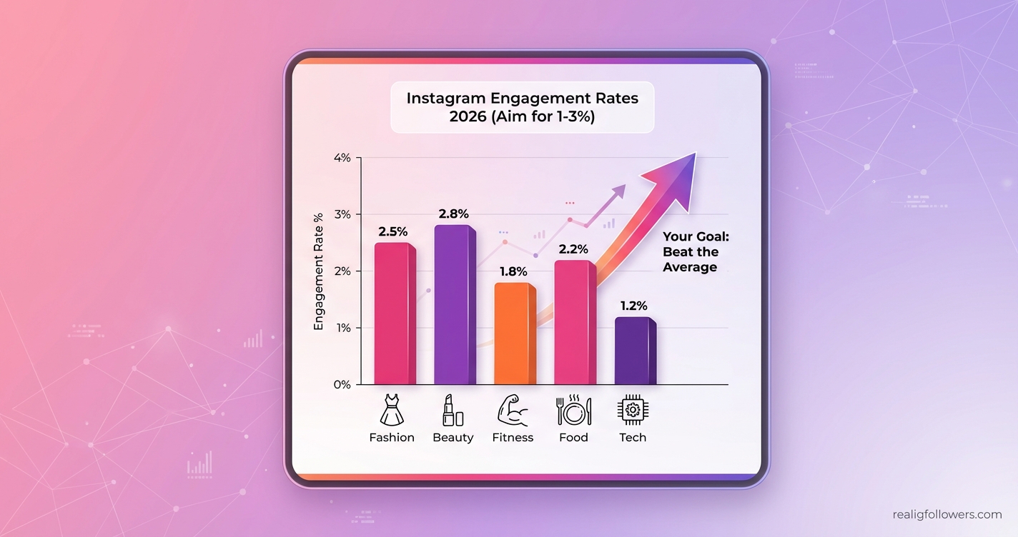 vertical 9:16 phone-screen infographic showing Instagram engagement rate benchmarks by industry as a bar chart. Top label "Instagram Engagement Rates 2026 (Aim for 1-3%)". Bars: Fashion (pink #E1306C, 2.5%), Beauty (purple #833AB4, 2.8%), Fitness (orange #F77737, 1.8%), Food (pink, 2.2%), Tech (purple, 1.2%). Y-axis "Engagement Rate %", X-axis industries with icons. Arrow pointing up labeled "Your Goal: Beat the Average". Clean modern style, light gradient background from pink to purple. Small credit text: realigfollowers.com in bottom-right corner.