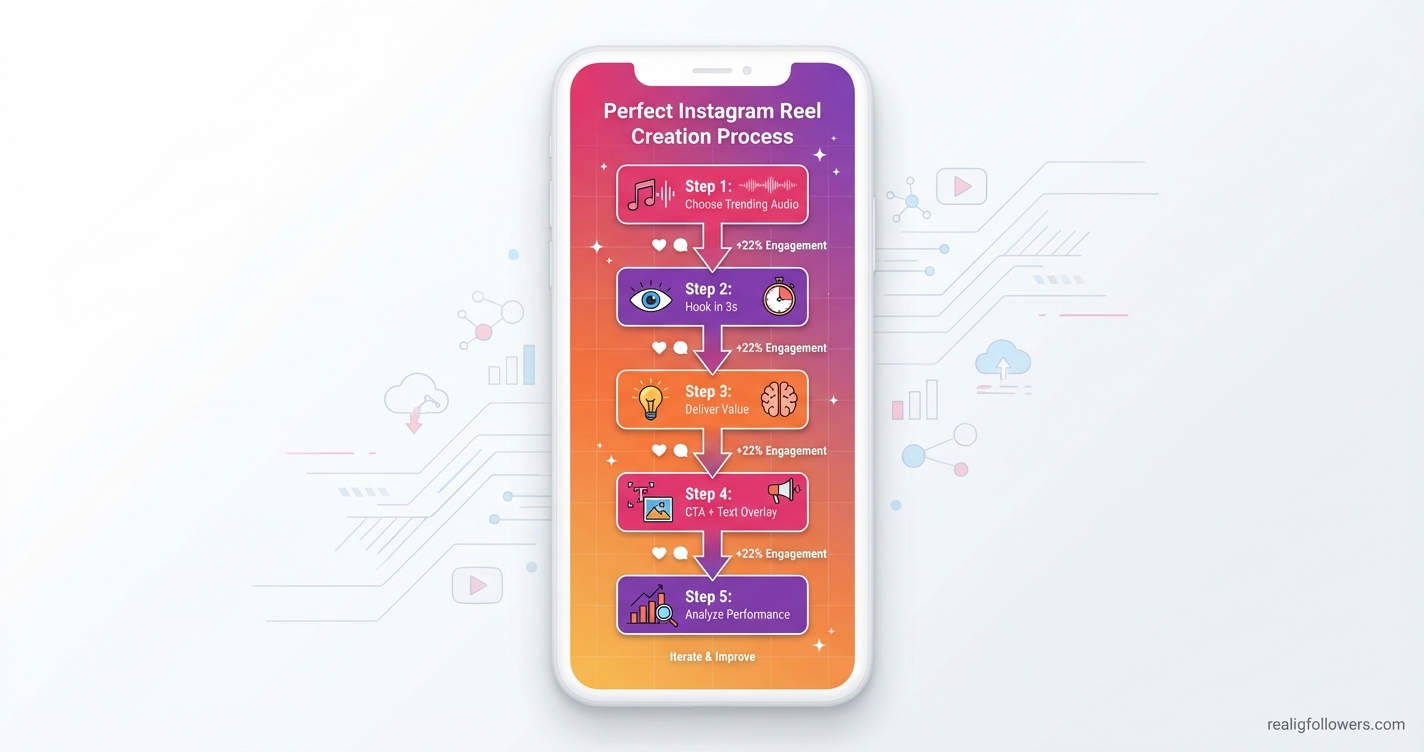 vertical 9:16 flowchart for perfect Instagram Reel creation process. Top: "Step 1: Choose Trending Audio" (pink #E1306C box with music icon, arrow down). "Step 2: Hook in 3s" (purple #833AB4 box with eye icon). "Step 3: Deliver Value" (orange #F77737 box with lightbulb). "Step 4: CTA + Text Overlay" (pink box). "Step 5: Analyze Performance" (purple box). Arrows flow downward with engagement icons (heart, comment). Background: subtle Instagram gradient. Labels on arrows: "+22% Engagement". Small credit text: realigfollowers.com bottom-right corner.