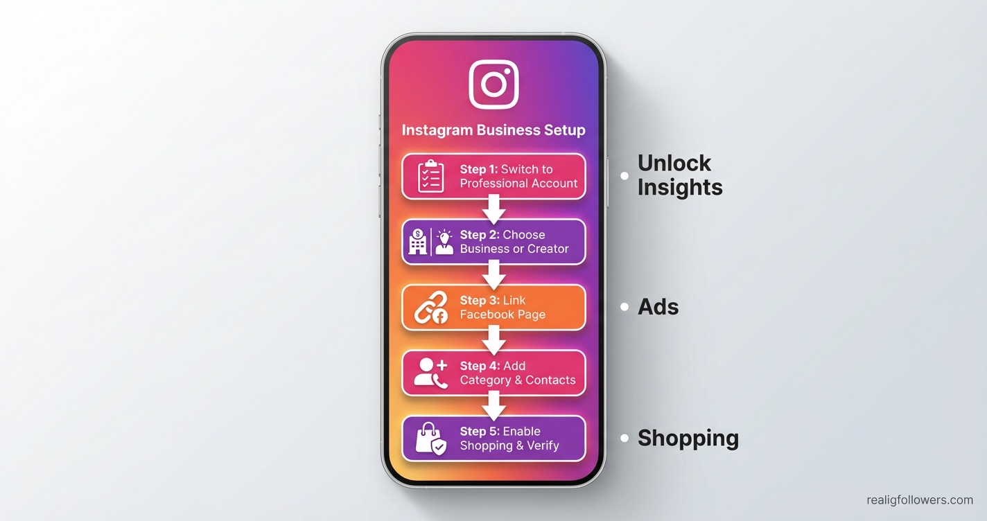Vertical 9:16 phone-screen format infographic as a flowchart for Instagram business setup process. Top: rounded phone frame with Instagram icon. Five downward-step boxes with arrows pointing down: Step 1 pink box "Switch to Professional Account" with checklist icon; Step 2 purple box "Choose Business or Creator" with two icons; Step 3 orange box "Link Facebook Page" with chain link icon; Step 4 pink box "Add Category & Contacts" with profile icon; Step 5 purple box "Enable Shopping & Verify" with shopping bag icon. Right side labels: "Unlock Insights, Ads, Shopping". Background: Instagram gradient fade pink-to-purple. Small credit text: realigfollowers.com in bottom-right corner