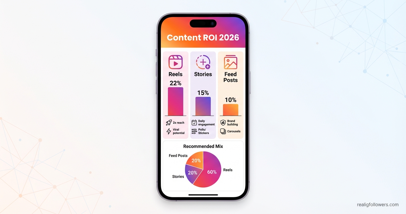 Vertical 9:16 phone-screen format stats chart comparing content types for Instagram growth. Top header "Content ROI 2026" in bold white on Instagram orange gradient. Three columns: left pink "Reels" with 22% engagement stat bar (tallest), bullet pros "2x reach, Viral potential"; middle purple "Stories" 15% stat bar, bullets "Daily engagement, Polls/Stickers"; right orange "Feed Posts" 10% stat bar, bullets "Brand building, Carousels". Bottom pie chart: 60% Reels recommended. Icons per section. Clean sans-serif labels. Small credit text: realigfollowers.com bottom-right corner