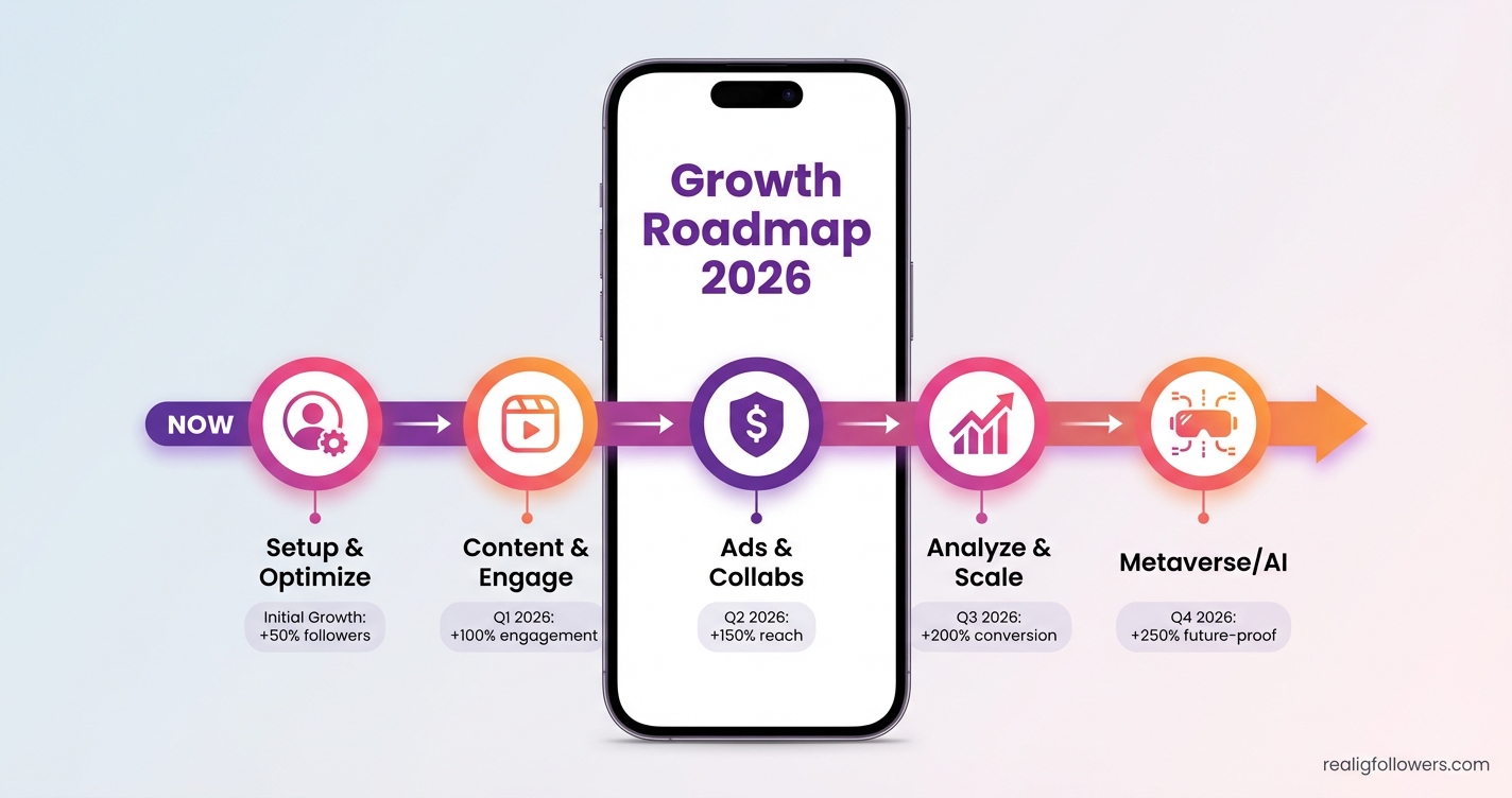 Vertical 9:16 phone-screen format timeline roadmap for Instagram business growth to 2026. Top: "Growth Roadmap 2026" title in purple on phone mockup. Horizontal timeline arrow left-to-right across tall layout: Milestone 1 (now) pink circle "Setup & Optimize" icon profile; Milestone 2 orange circle "Content & Engage" Q1 2026 icon Reel; Milestone 3 purple circle "Ads & Collabs" Q2 icon dollar; Milestone 4 pink circle "Analyze & Scale" Q3 icon chart; Milestone 5 orange circle "Metaverse/AI" Q4 2026 icon VR glasses. Labels under each with growth % projections (e.g., +50% followers). Gradient background. Small credit text: realigfollowers.com bottom-right corner