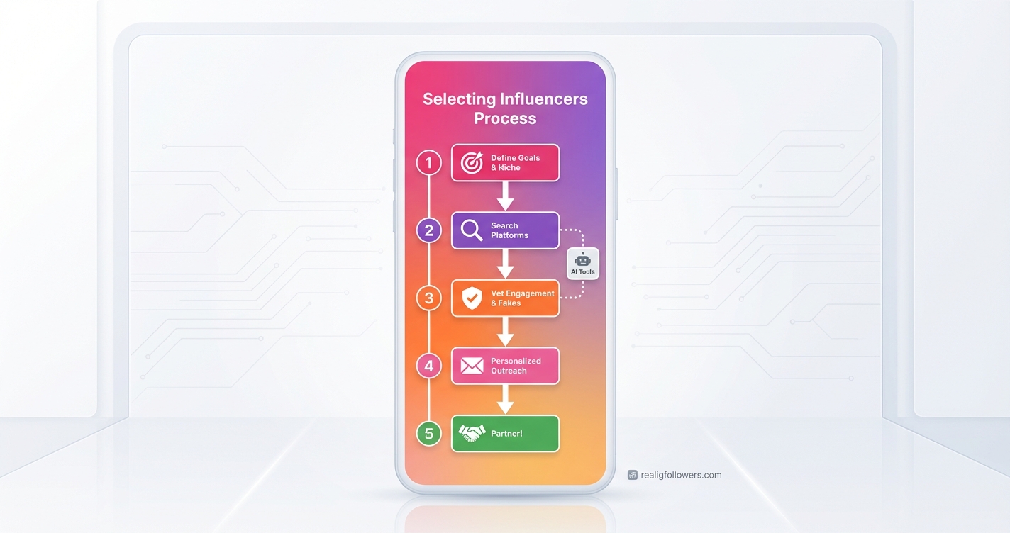 vertical 9:16 phone-screen format flowchart for 'Selecting Influencers Process'. Top box 'Define Goals & Niche' in pink (#E1306C) with target icon, arrow down to 'Search Platforms' purple box (#833AB4) with magnifying glass, arrow to 'Vet Engagement & Fakes' orange box (#F77737) with checkmark, arrow to 'Personalized Outreach' pink box with email icon, final arrow to green 'Partner!' box with handshake. Dotted lines for 'AI Tools' side branch. Gradient background top pink to bottom orange, numbered steps 1-5 on left rail. Clean icons, sans-serif labels. Small credit text: realigfollowers.com bottom-right corner