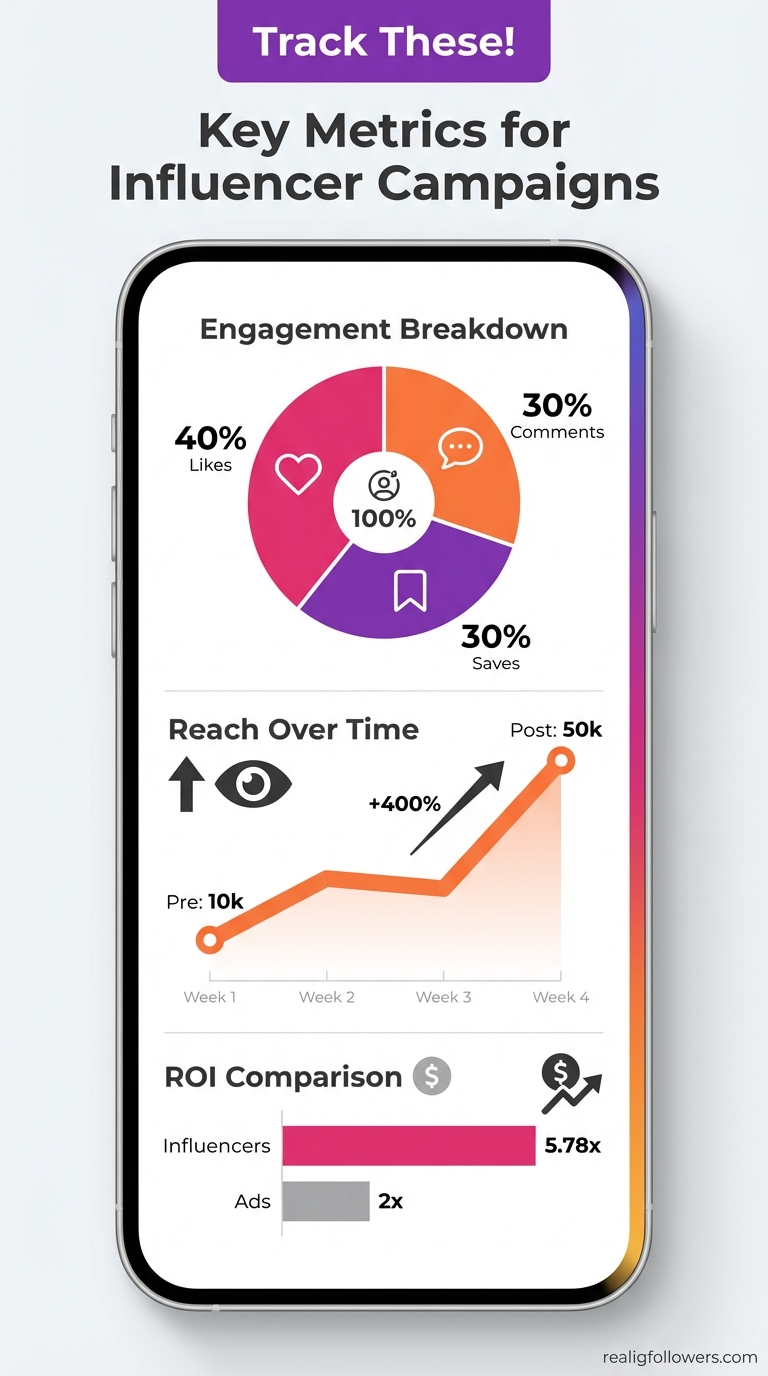vertical 9:16 phone-screen format stats dashboard infographic 'Key Metrics for Influencer Campaigns'. Top header 'Track These!' in white on purple (#833AB4) background. Stacked charts: top pie 'Engagement Breakdown' slices pink 40% likes/orange 30% comments/purple 30% saves; middle line graph 'Reach Over Time' upward orange line labeled 'Pre: 10k Post: 50k'; bottom bar 'ROI Comparison' pink bar 'Influencers 5.78x' vs gray 'Ads 2x'. Icons for each: heart, eye, dollar. Instagram gradient sidebar. Small credit text: realigfollowers.com bottom-right corner