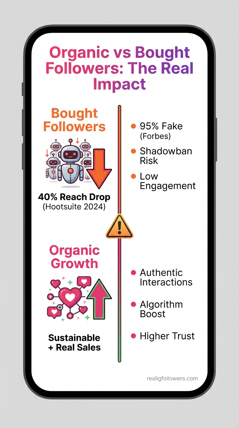 vertical 9:16 phone-screen format infographic titled "Organic vs Bought Followers: The Real Impact" at top in bold Instagram gradient text (pink #E1306C to purple #833AB4). Split vertically: top half "Bought Followers" in orange #F77737 with icons of robot bots, downward arrow labeled "40% Reach Drop (Hootsuite 2024)", bullet stats "95% Fake (Forbes)", "Shadowban Risk"; bottom half "Organic Growth" in pink #E1306C with heart engagement icons, upward arrow labeled "Sustainable + Real Sales", bullet stats "Authentic Interactions", "Algorithm Boost". Center dividing line with warning triangle. Clean modern style, light gray background, small credit text: realigfollowers.com in bottom-right corner