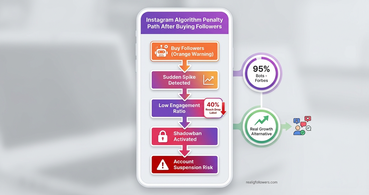 vertical 9:16 phone-screen format flowchart titled "Instagram Algorithm Penalty Path After Buying Followers" in purple #833AB4 gradient header. Top box "Buy Followers (Orange Warning)" with robot icon, arrow down to "Sudden Spike Detected", arrow to "Low Engagement Ratio (40% Reach Drop Label)", arrow to "Shadowban Activated" red box with lock icon, final arrow to "Account Suspension Risk" bottom red box. Side stats bubbles: "95% Bots - Forbes", "Real Growth Alternative" green arrow pointing right to mini organic icons. Flow left-aligned, clean lines, Instagram gradient accents, light gray bg, small credit text: realigfollowers.com bottom-right corner
