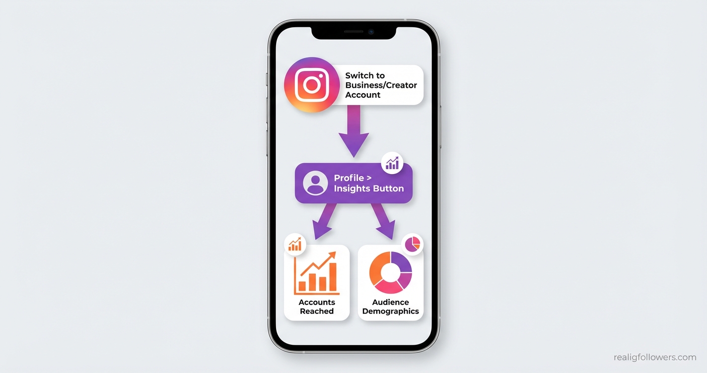 Vertical 9:16 phone-screen format infographic showing a flowchart for accessing Instagram Insights. Top section: Instagram app icon in pink (#E1306C) with label 'Switch to Business/Creator Account'. Arrow down to middle box in purple (#833AB4): 'Profile > Insights Button'. Arrow to bottom flowchart branches: left 'Accounts Reached' orange bar chart (#F77737), right 'Audience Demographics' pie chart. Labels on all elements. Clean modern style with light gray background, icons for profile/stats. Small credit text: realigfollowers.com in bottom-right corner