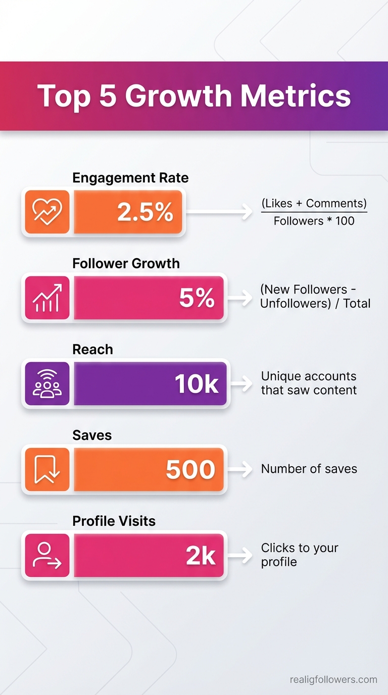Vertical 9:16 phone-screen format stats chart comparing key Instagram metrics. Top header 'Top 5 Growth Metrics' in Instagram gradient (pink to purple). Five horizontal bars: 'Engagement Rate' orange (#F77737) at 2.5%, 'Follower Growth' pink (#E1306C) at 5%, 'Reach' purple (#833AB4) at 10k, 'Saves' orange at 500, 'Profile Visits' pink at 2k. Labels with formulas/arrows explaining each. Light gray background, icons (heart, graph). Small credit text: realigfollowers.com in bottom-right corner