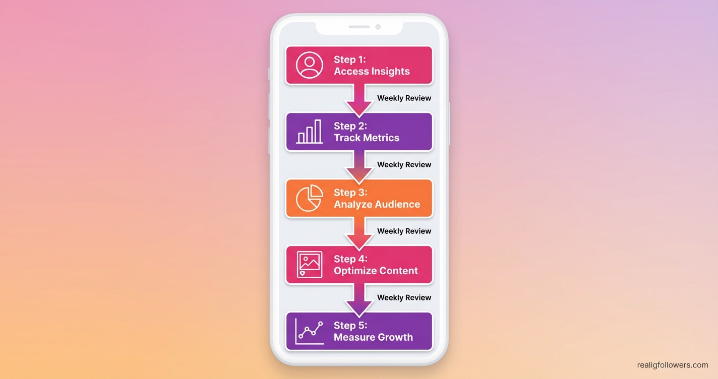 Vertical 9:16 phone-screen format process steps flowchart for Instagram growth action plan. Top 'Step 1: Access Insights' pink box (#E1306C) with profile icon, downward arrow to 'Step 2: Track Metrics' purple (#833AB4) bar chart icon, arrow to 'Step 3: Analyze Audience' orange pie (#F77737), arrow to 'Step 4: Optimize Content' pink, arrow to bottom 'Step 5: Measure Growth' purple line graph. Labels on arrows 'Weekly Review'. Gradient background, modern icons. Small credit text: realigfollowers.com in bottom-right corner