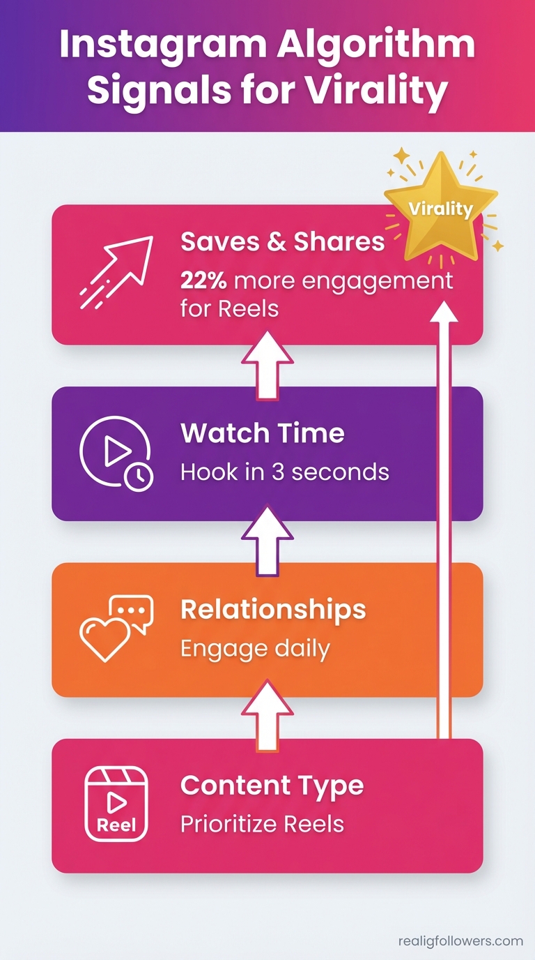 Vertical 9:16 phone-screen format infographic titled "Instagram Algorithm Signals for Virality" at top in bold white text on Instagram purple gradient background (#833AB4 to #E1306C). Below, four tall rectangular boxes stacked vertically: Top box pink (#E1306C) labeled "Saves & Shares" with upward arrow icon and stat "22% more engagement for Reels" in white text; second purple (#833AB4) "Watch Time" with play button icon and text "Hook in 3 seconds"; third orange (#F77737) "Relationships" with heart chat icon and "Engage daily"; bottom pink "Content Type" with Reel icon and "Prioritize Reels". Arrows connect boxes upward to a gold star "Virality". Clean sans-serif font, icons in white outline. Light gray background sections. Small credit text: realigfollowers.com in bottom-right corner.