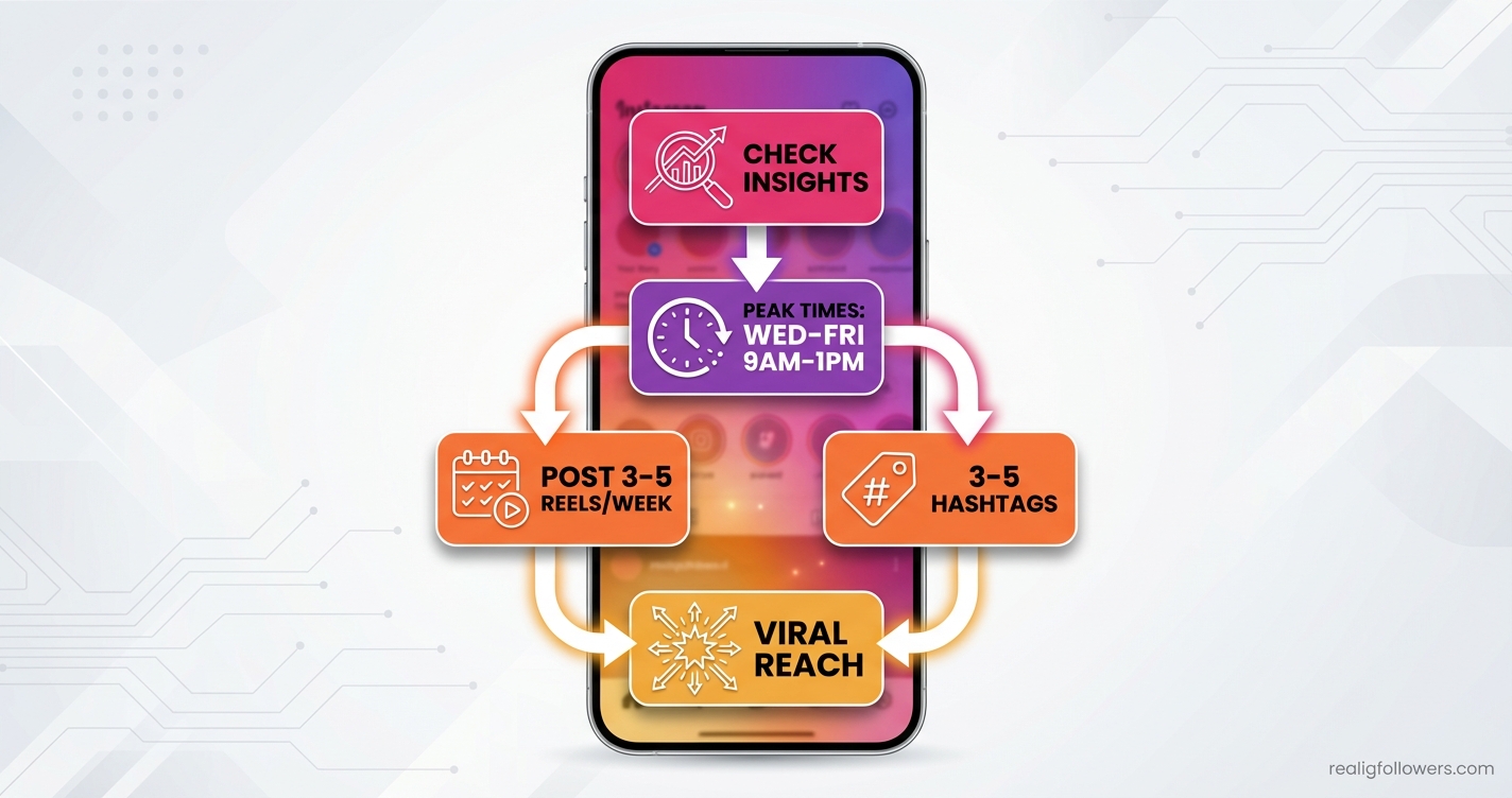 Vertical 9:16 phone-screen infographic "Optimal Instagram Posting Strategy Flowchart". Top: rounded pink box (#E1306C) "Check Insights" with analytics icon, arrow down to purple box (#833AB4) "Peak Times: Wed-Fri 9AM-1PM" clock icon; branch left orange arrow (#F77737) to "Post 3-5 Reels/Week" with calendar icon; right to "3-5 Hashtags" tag icon; converges to bottom gold box "Viral Reach" explosion icon. Flow arrows in white, labels in bold black. Instagram gradient background top-to-bottom. Clean modern style with subtle shadows. Small credit text: realigfollowers.com bottom-right corner.