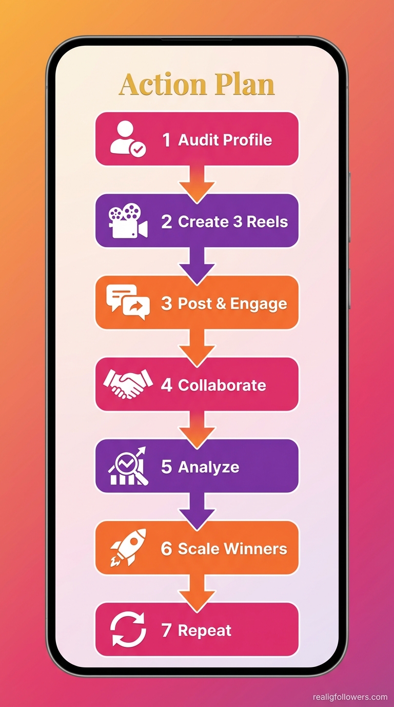 Vertical 9:16 phone-screen process steps infographic "7-Day Plan to Go Viral on Instagram". Numbered stack: 1 pink (#E1306C) tall box "Audit Profile" profile icon; 2 purple (#833AB4) "Create 3 Reels" camera icon; 3 orange (#F77737) "Post & Engage" chat icon; 4 pink "Collaborate" handshake; 5 purple "Analyze" graph; 6 orange "Scale Winners" rocket; 7 pink "Repeat" loop arrow. Vertical flow with connecting orange arrows pointing down. Labels in white bold text inside boxes. Top title "Action Plan" in gold. Background subtle Instagram orange-to-pink gradient. Modern flat design. Small credit text: realigfollowers.com bottom-right corner.