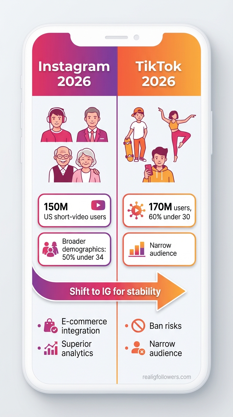 Vertical 9:16 phone-screen format comparison diagram splitting screen in half. Left side "Instagram 2026" in #E1306C pink with icons for diverse ages (teen, adult, senior), stats boxes: "150M US short-video users", "Broader demographics: 50% under 34", pros list: bullet "E-commerce integration", "Superior analytics". Right side "TikTok 2026" in #F77737 orange with Gen Z icons, stats: "170M users, 60% under 30", cons: bullet "Ban risks", "Narrow audience". Central arrow pointing right labeled "Shift to IG for stability". Clean modern infographic style, light gray background, Instagram gradient accents. Small credit text: realigfollowers.com in bottom-right corner