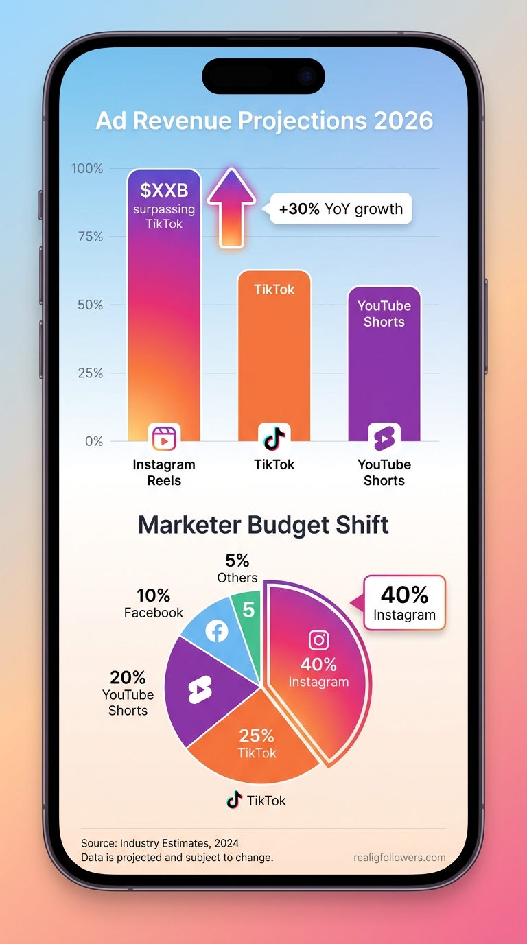 Vertical 9:16 phone-screen format stats bar chart titled "Ad Revenue Projections 2026". Three bars: Instagram Reels (tallest, #E1306C pink, labeled "$XXB surpassing TikTok"), TikTok (#F77737 orange, shorter), YouTube Shorts (purple #833AB4). Upward arrows on IG/Reels labeled "+30% YoY growth". Bottom section pie chart: "Marketer Budget Shift" with 40% slice to Instagram in pink. Clean modern infographic, gradient background fades, data labels precise. Small credit text: realigfollowers.com bottom-right corner