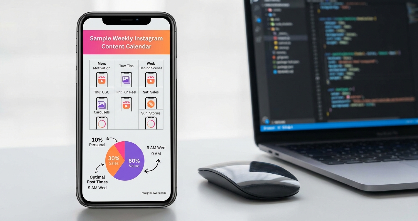 Vertical 9:16 phone-screen infographic showing a weekly Instagram content calendar grid. Top header 'Sample Weekly Instagram Content Calendar' in bold white text on Instagram pink (#E1306C) background. Grid divided into 7 columns labeled 'Mon: Motivation', 'Tue: Tips', 'Wed: Behind Scenes', 'Thu: UGC', 'Fri: Fun Reel', 'Sat: Sales', 'Sun: Stories'. Each cell has a small phone icon with post type: Reel (orange circle), Carousel (purple square), Story (pink circle). Bottom section: pie chart with 60% value (purple), 30% sales (orange), 10% personal (pink). Arrows point to 'Optimal Post Times' labels like '9 AM Wed'. Clean modern style, light gray background, small credit text 'realigfollowers.com' in bottom-right corner.