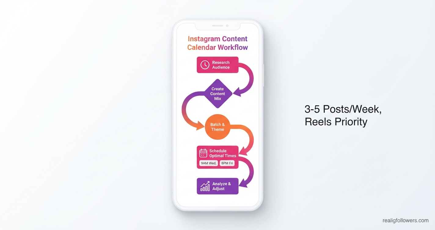 Vertical 9:16 phone-screen flowchart for Instagram posting process. Top box 'Research Audience' (pink #E1306C rectangle with clock icon), arrow down to 'Create Content Mix' (purple #833AB4 diamond), arrow to 'Batch & Theme' (orange #F77737 circle), arrow to 'Schedule Optimal Times' (pink rectangle with calendar icon, labels '9AM Wed, 8PM Fri'), final arrow to 'Analyze & Adjust' (purple box with graph icon). Flow from top to bottom with curved arrows in gradient colors. Side stats: '3-5 Posts/Week, Reels Priority'. Title 'Instagram Content Calendar Workflow' at top. Clean modern style, white background, small credit text 'realigfollowers.com' in bottom-right corner.